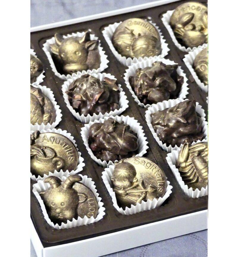 Artisan Chocolate Zodiac Signs | Gilded Belgian Chocolate Zodiac Signs | Handmade Chocolate Bonbons with Nuts & Dried Fruits - 16 pcs