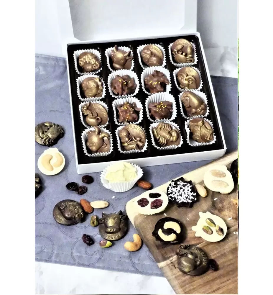 Artisan Chocolate Zodiac Signs | Gilded Belgian Chocolate Zodiac Signs | Handmade Chocolate Bonbons with Nuts & Dried Fruits - 16 pcs